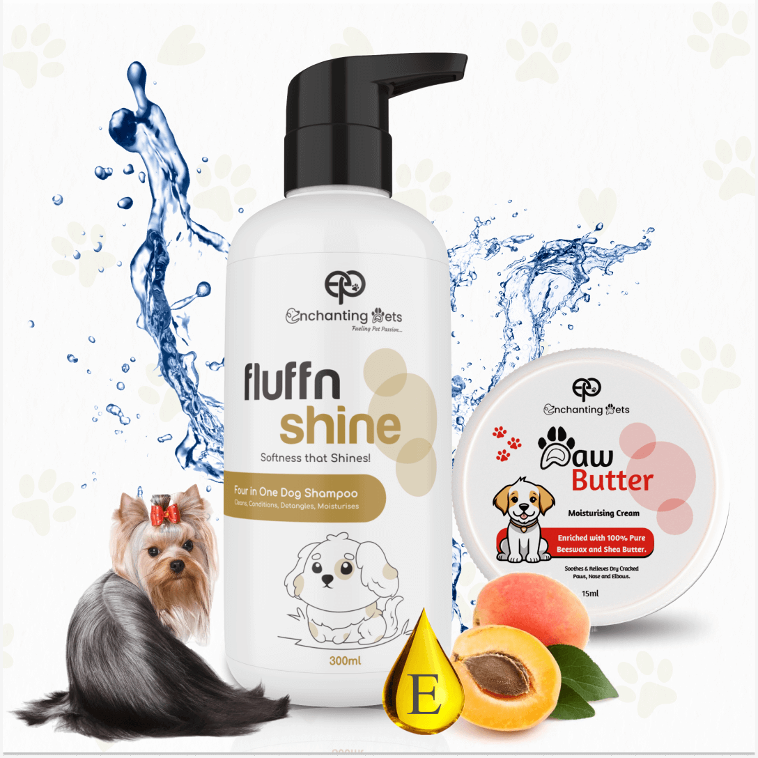ENCHANTING PETS Fluff-n-Shine Four in One Dog Shampoo with conditioner 300ml, with Paw Butter 15ml, PH Balanced Formula for Cleansing, Conditioning, Detangling & Moisturizing, Suitable for All Breeds Dogs groomer choice shampoo