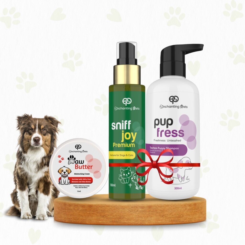 Enchanting Pets Grooming Kit for Puppies and Kittens, Tearless Shampoo, with Sniff Joy Perfume, & Paw Butter Moisturizer, Ideal for Delicate Skin & Coats, 300ml Shampoo, 100ml Perfume, 15ml Paw Butter